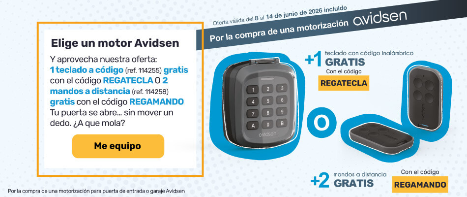 Por la compra de un motor Avidsen: 2 mandos a distancia gratis con el código REGAMANDO o 1 codificador digital gratis con el código REGATECLA