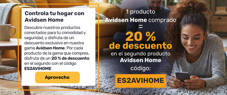 20 % de descuento al comprar 2 o m&aacute;s productos Avidsen Home con el c&oacute;digo ES2AVIHOME
