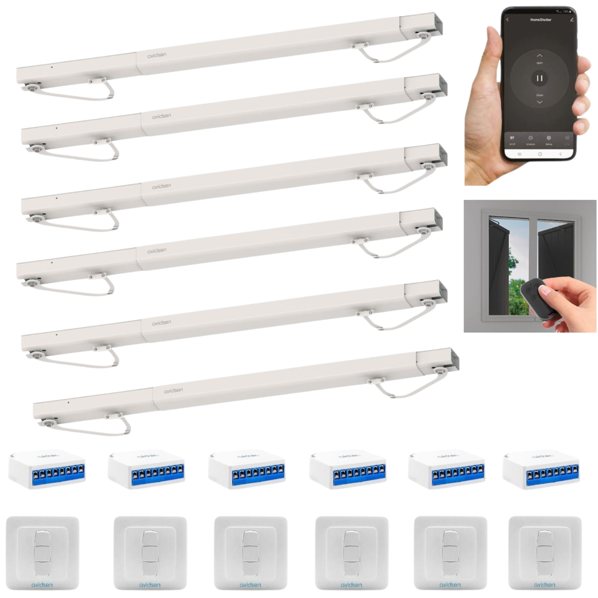 6 motores conectados para persianas abatibles + 6 interruptores con cable