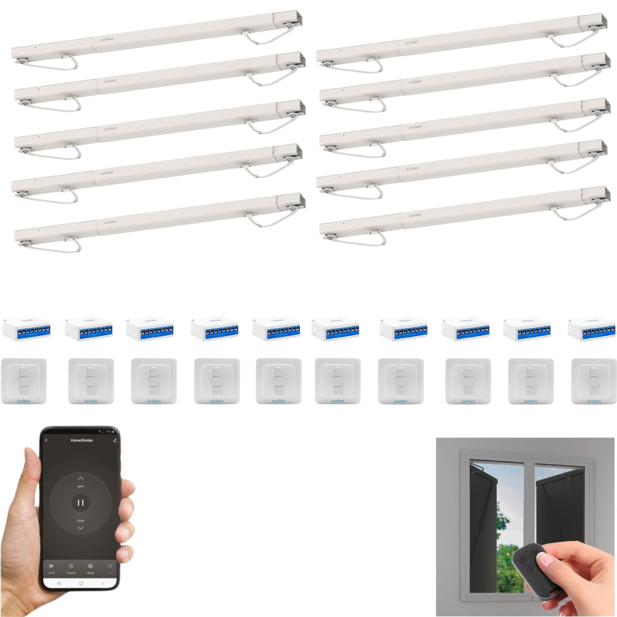 10 motores conectados para persianas abatibles + 6 interruptores con cable