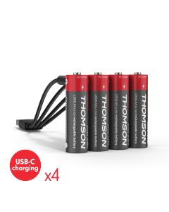 Juego de 4 pilas recargables AA / LR06 Li-ion 1,5V USB-C con cable USB múltiple - 520300 - Thomson