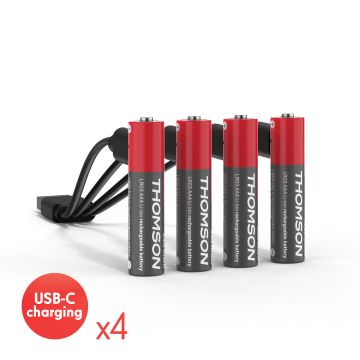 Juego de 4 pilas recargables AAA / LR03 Li-ion 1,5V USB-C con cable USB múltiple - 520302 - Thomson