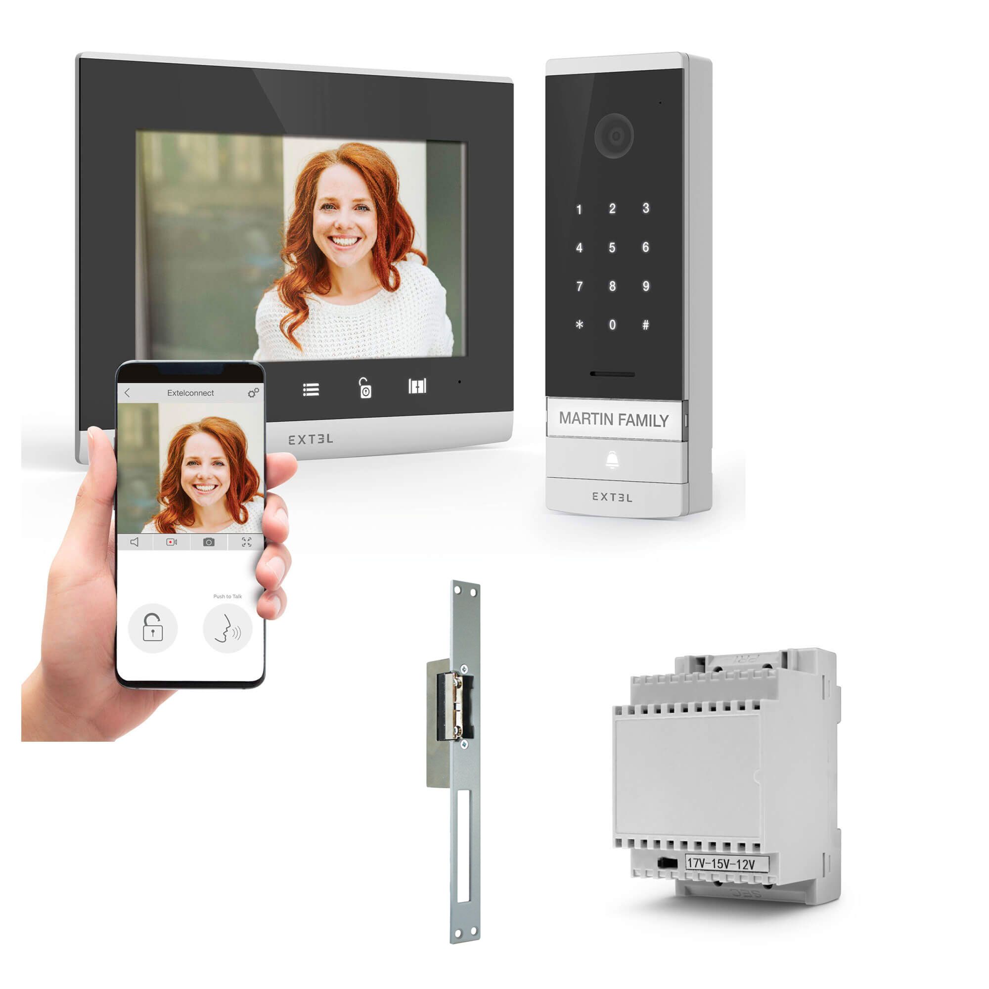 Kit videoportero con cable y conectado Extel Connect con transformador modular y cerradera eléctrica.