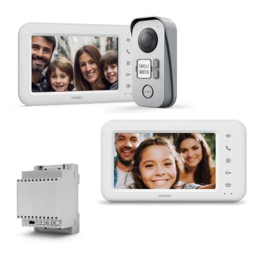Kit de videoportero con cable para 2 viviendas + pantalla adicional + transformador