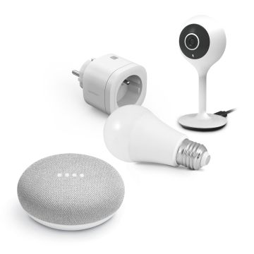 Kit de conexión inicial Avidsen Home (cámara + zócalo + bombilla conectada) Google Home Mini + zócalo conectado + cámara fija conectada + bombilla conectada